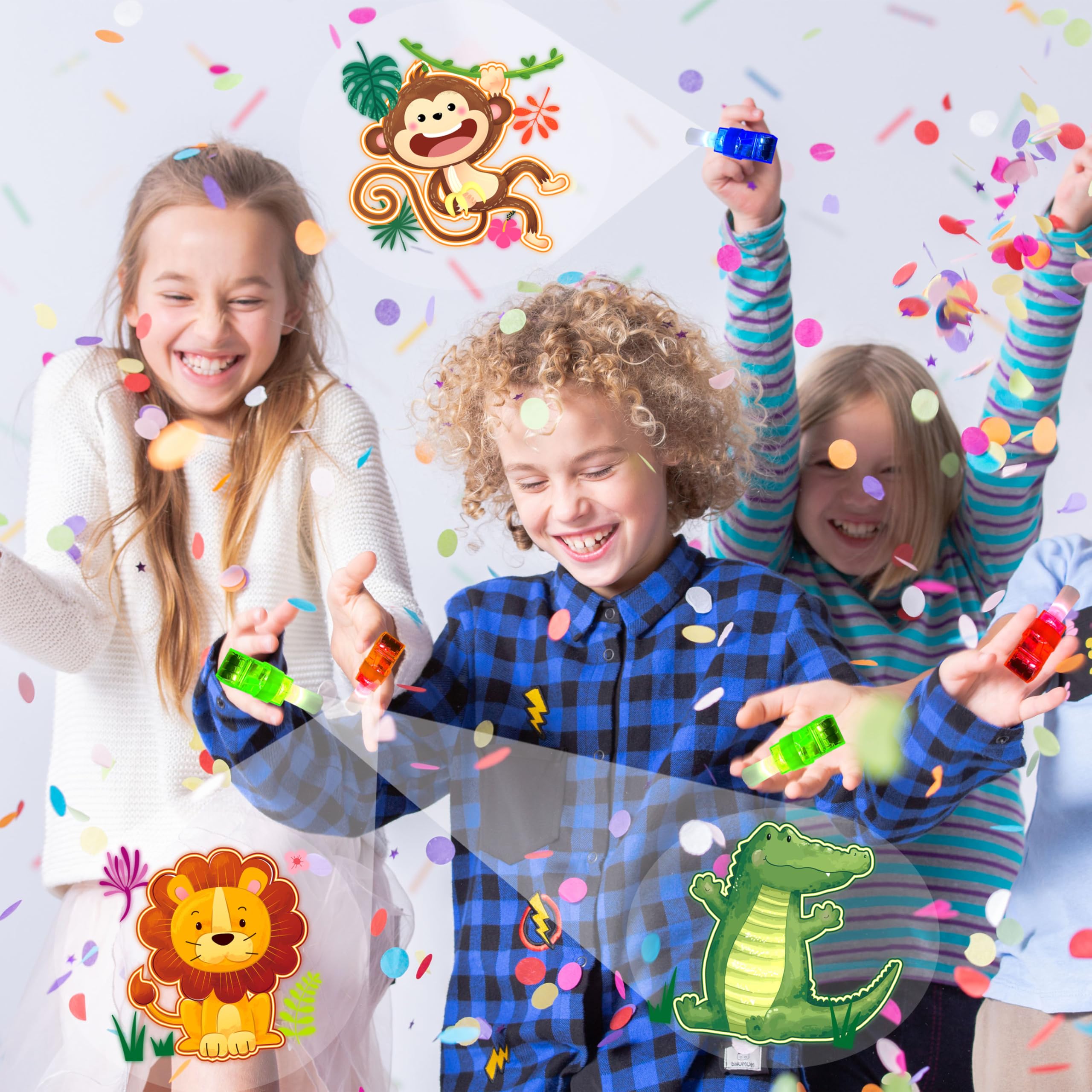 POPOOO bulk safari LED finger lights for party prizes and gift bags.