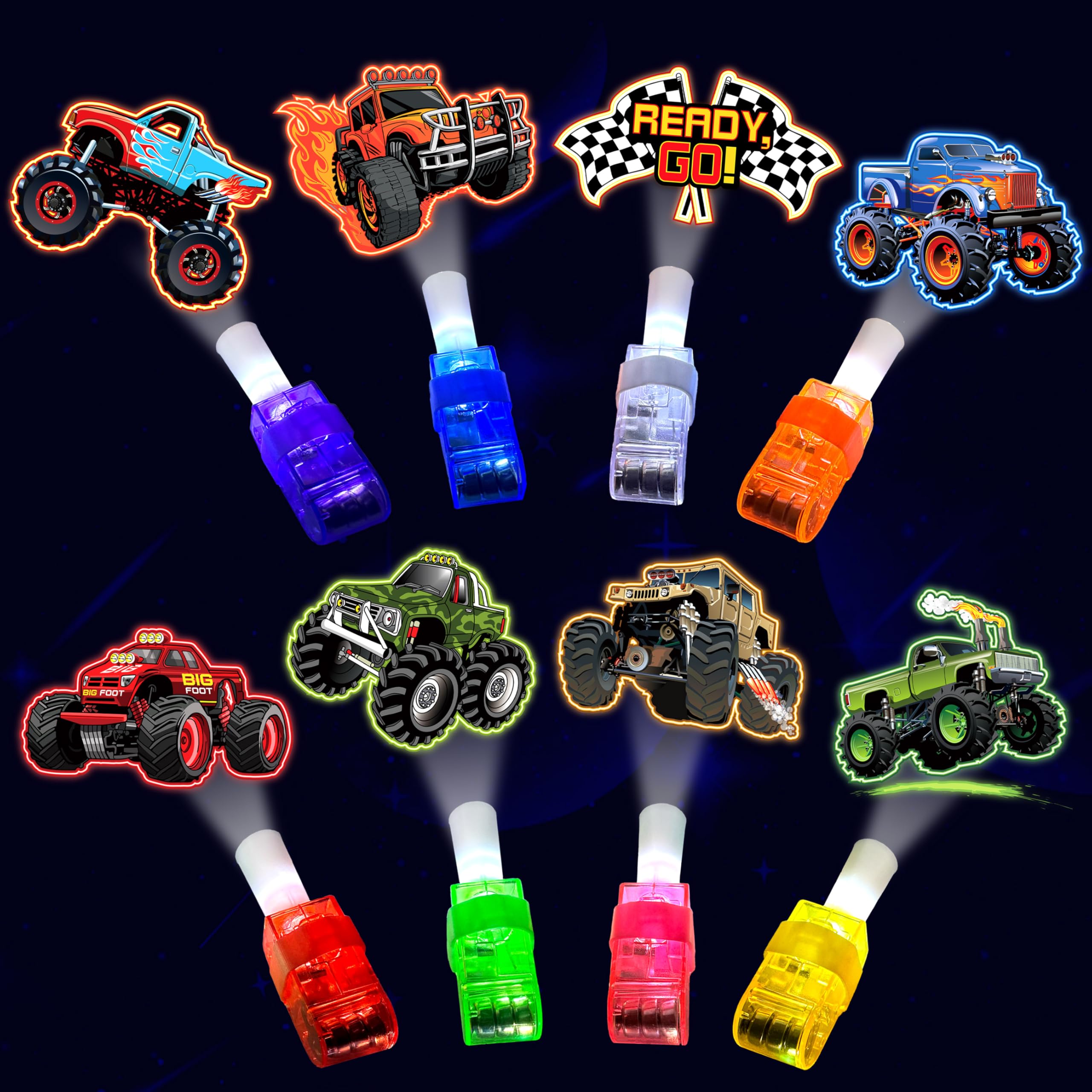 POPOOO Monster Trucks LED finger lights 24-pack with eight designs for party fun.
