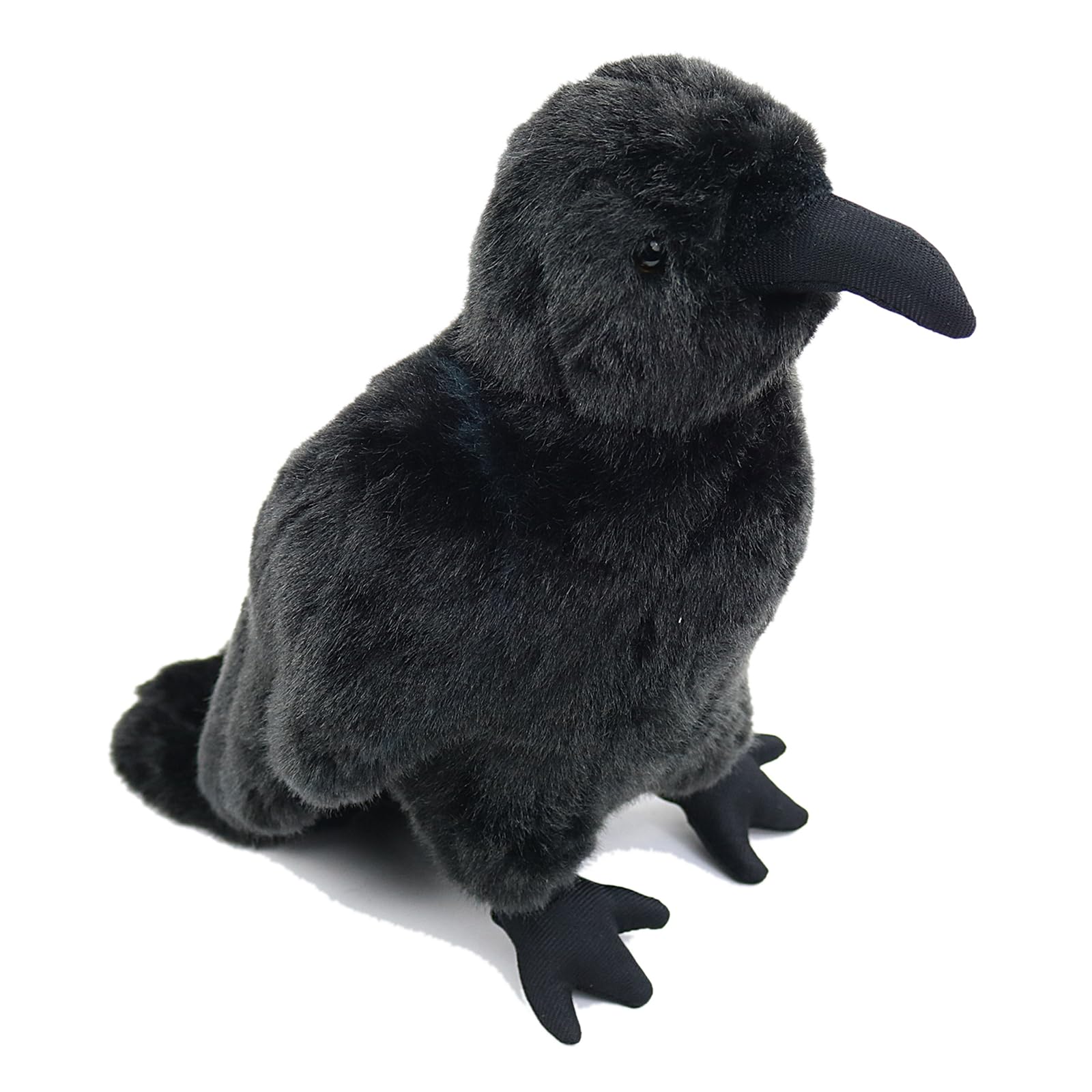 POPOTATO crow plush on a shelf in a cozy bedroom setting.