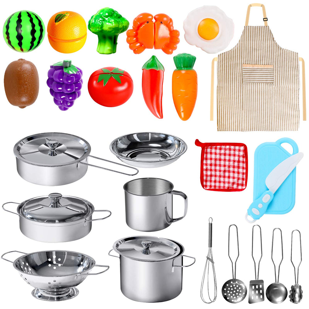 POPUTOY 28Pcs set: stainless steel cookware sparks imaginative play.