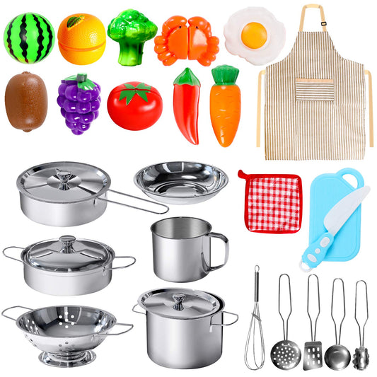 POPUTOY 28Pcs set: stainless steel cookware sparks imaginative play.
