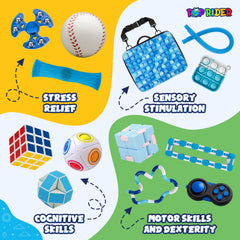 POPRIDER Travel Fidget Case blue display showing all 12 toys.