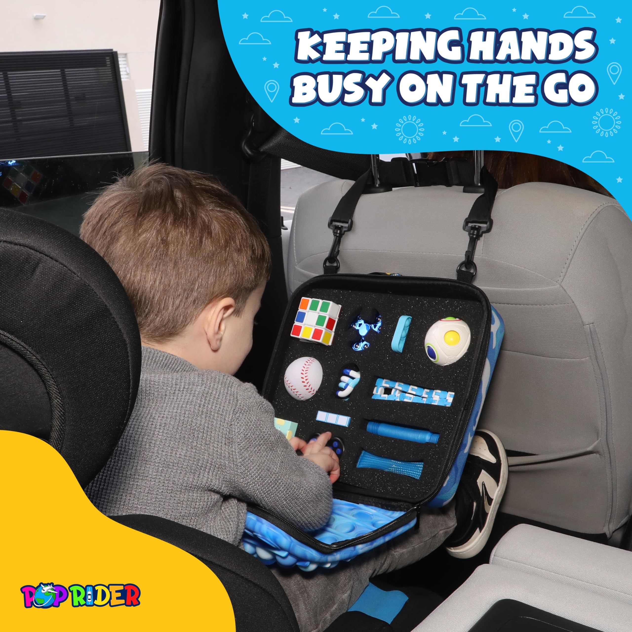 POPRIDER Travel Fidget Case blue hanging over a seat for easy access.