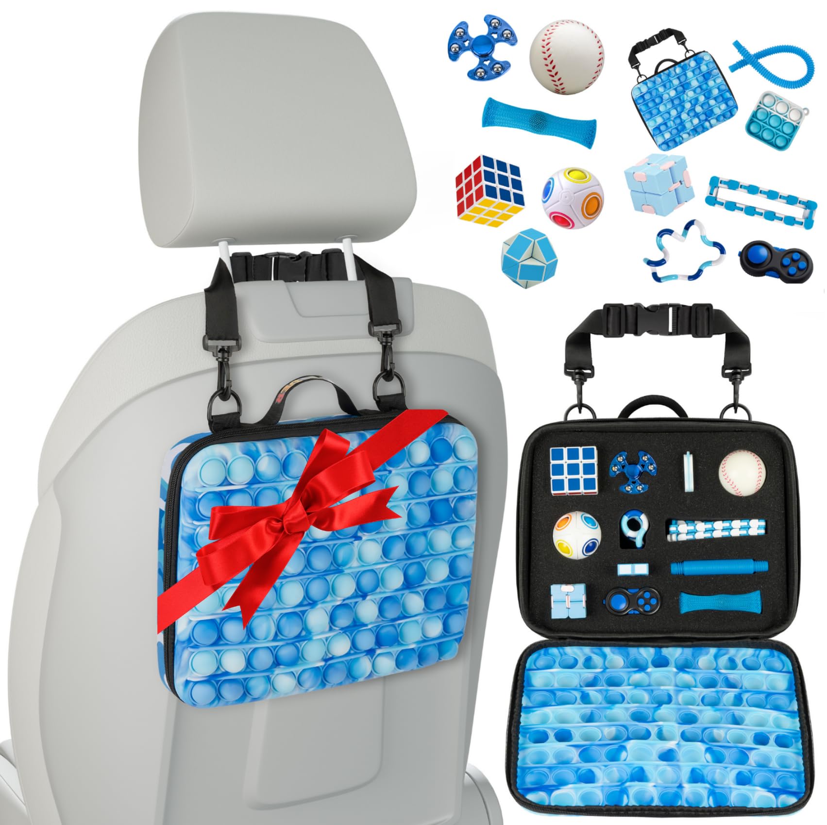 POPRIDER Travel Fidget Case blue packed with 12 toys for car trips.
