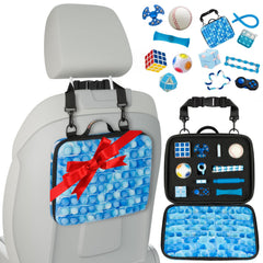 POPRIDER Travel Fidget Case blue packed with 12 toys for car trips.