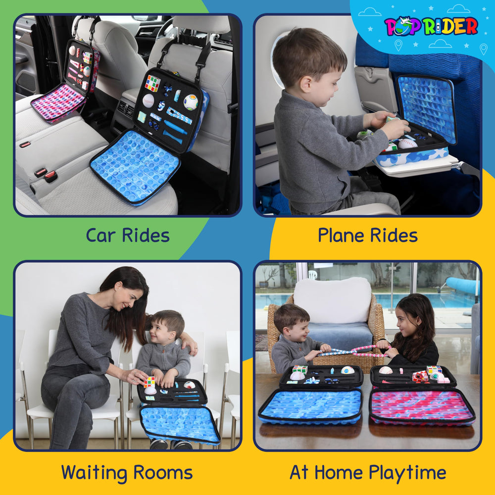 POPRIDER Travel Fidget Case blue on a table for calm waits.