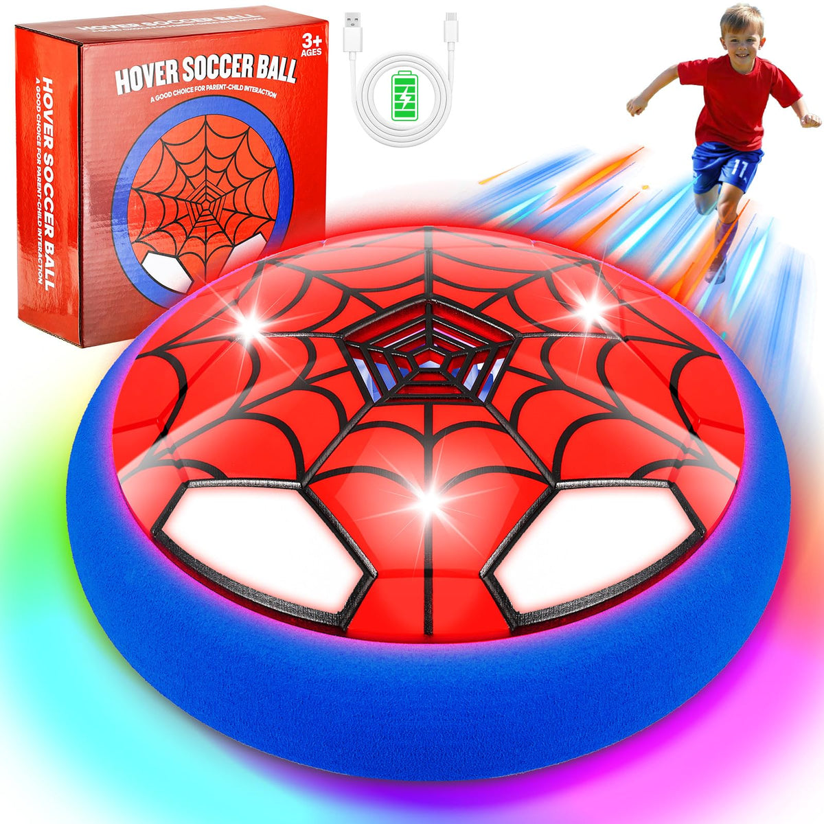 POPSVON indoor hover soccer ball with LED spider design for safe indoor play.