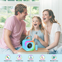 Poptrend mini karaoke blue LED lights sync with music for fun.
