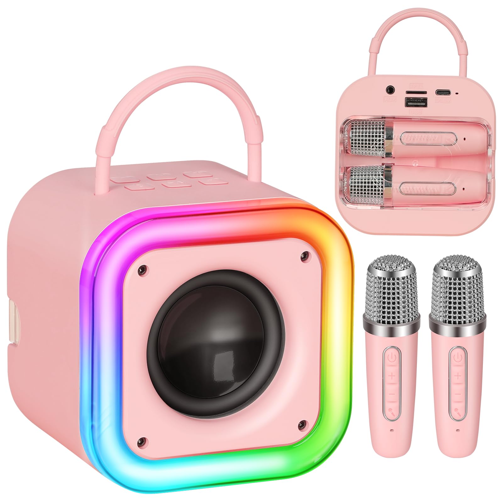 Poptrend mini karaoke machine with embedded microphone design for easy storage and travel.