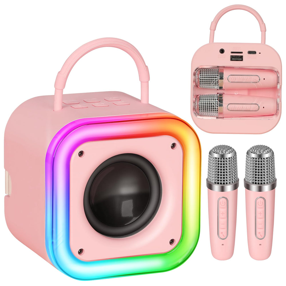 Poptrend mini karaoke machine with embedded microphone design for easy storage and travel.