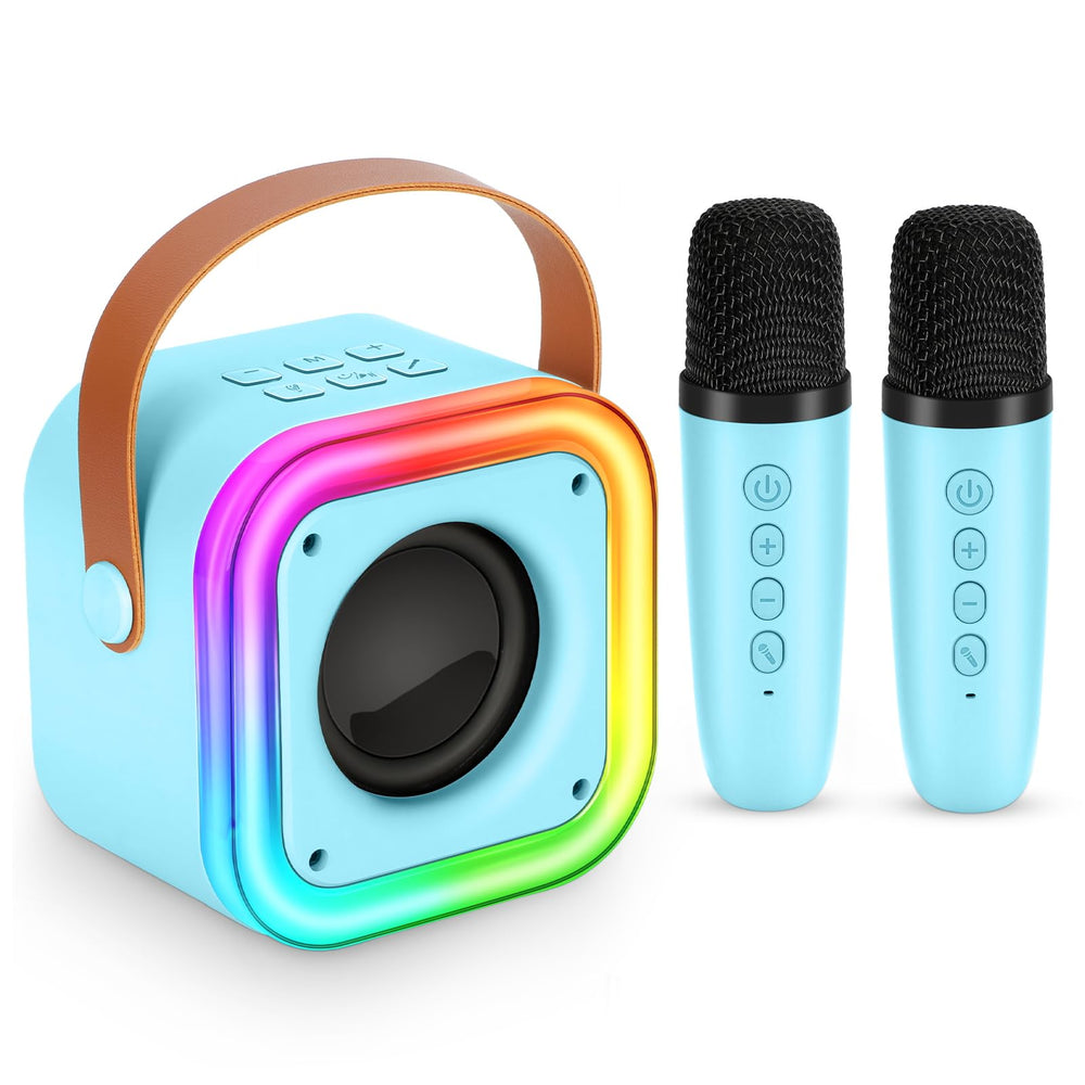 Poptrend mini karaoke machine for kids in blue, front view, ideal for family sing-alongs.