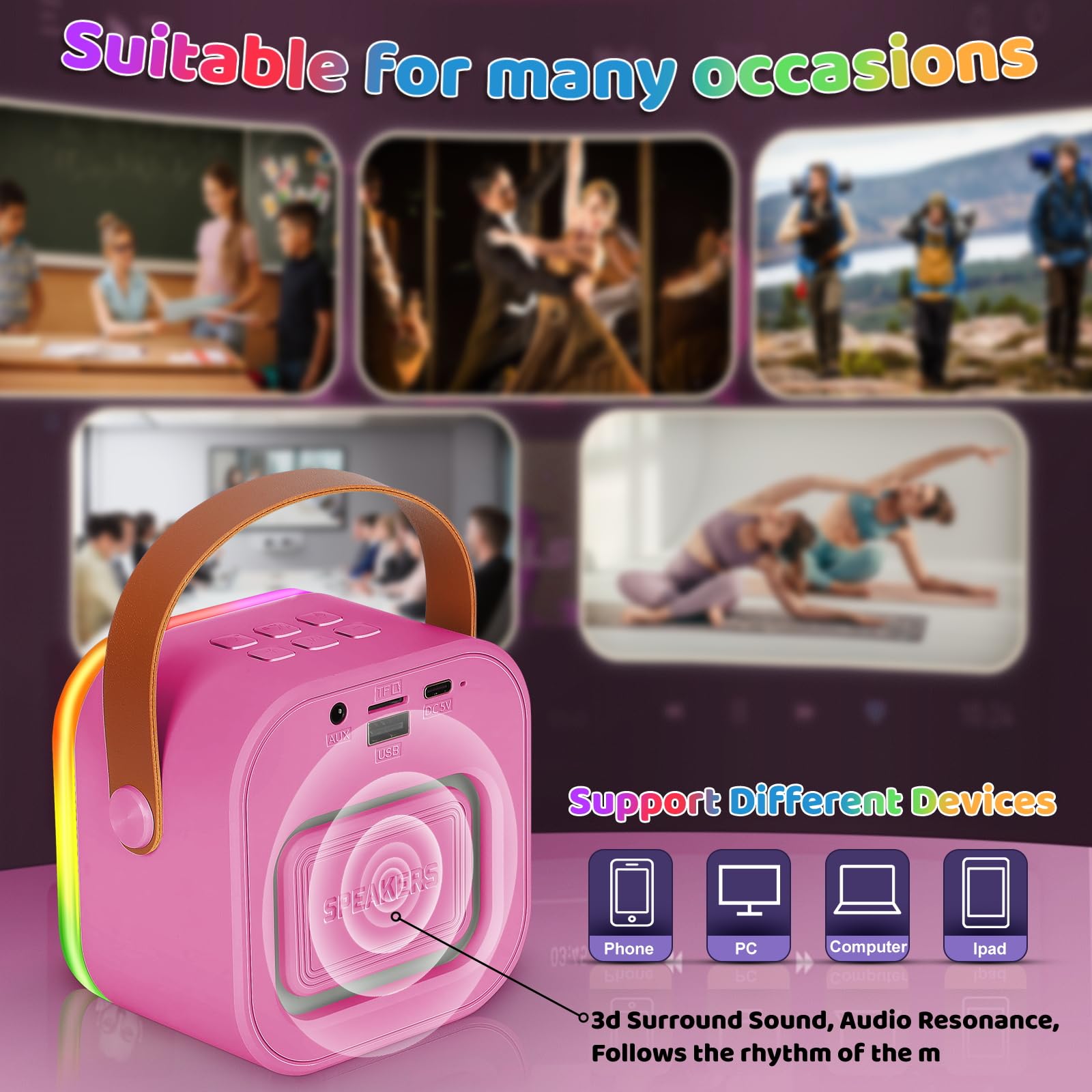 Poptrend compact rose color karaoke speaker for storage and travel.