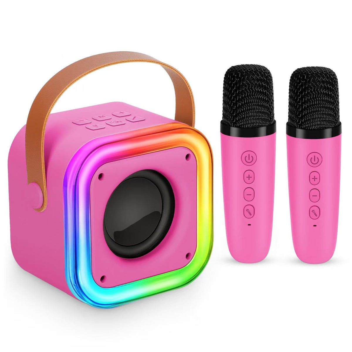 Poptrend mini karaoke machine in rose color, front view, ideal for kids parties.