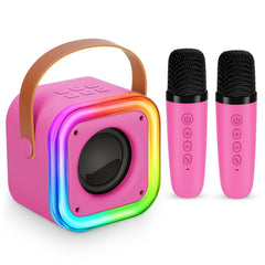 Poptrend mini karaoke machine in rose color, front view, ideal for kids parties.