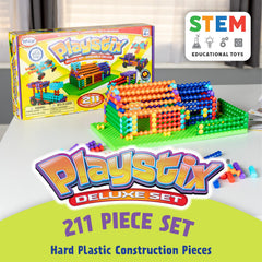 POPULAR PLAYTHINGS Playstix interlocking grooves enable stable constructions.