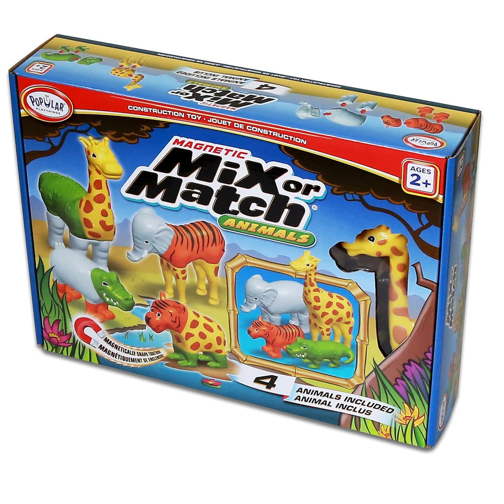 Popular Playthings crocodile-giraffe magnets prepared for chunky puzzle assembly.
