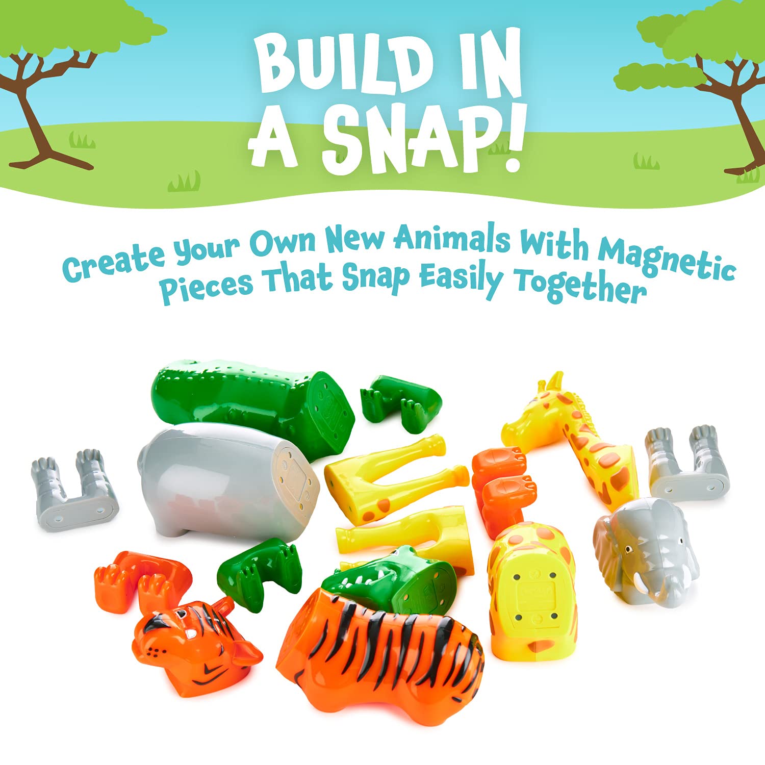 Popular Playthings elephant-tiger magnets ready for creative animal combinations.