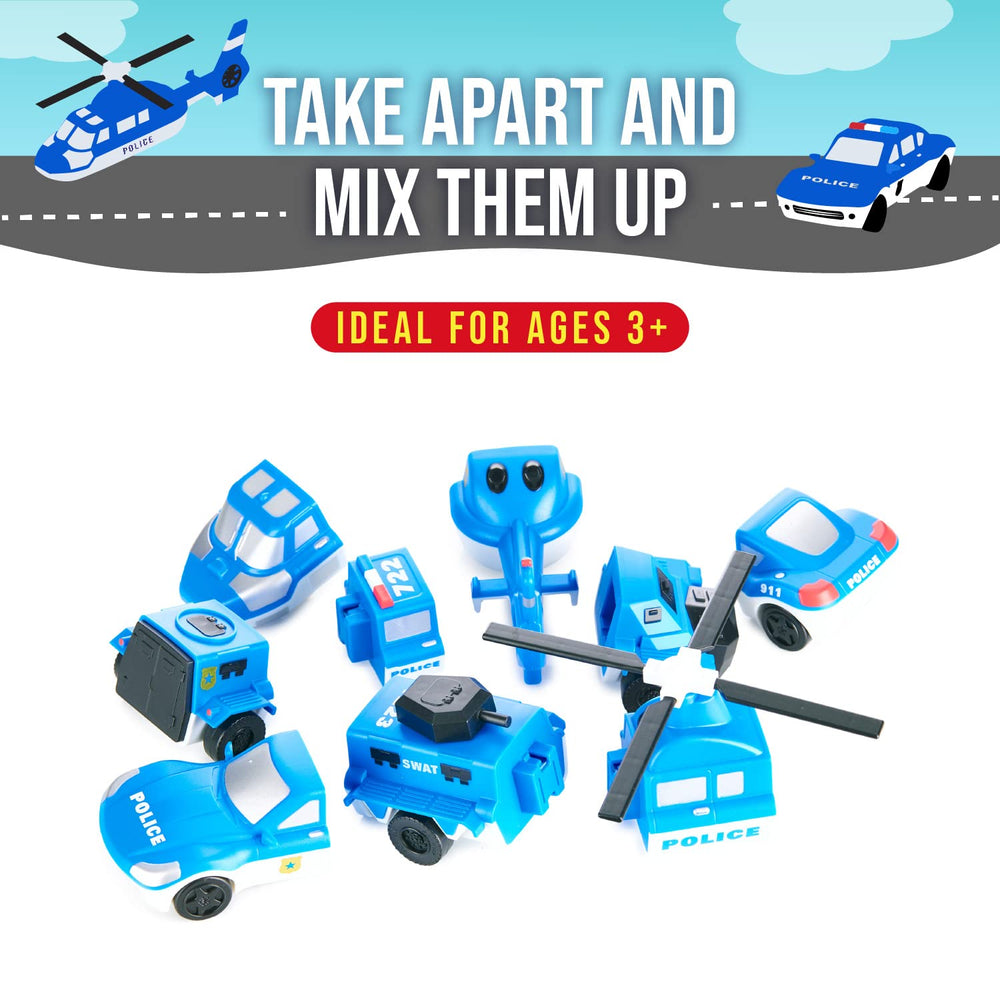 Popular Playthings Mix or Match Vehicles helicopter and car pieces support dynamic rescue scenarios.