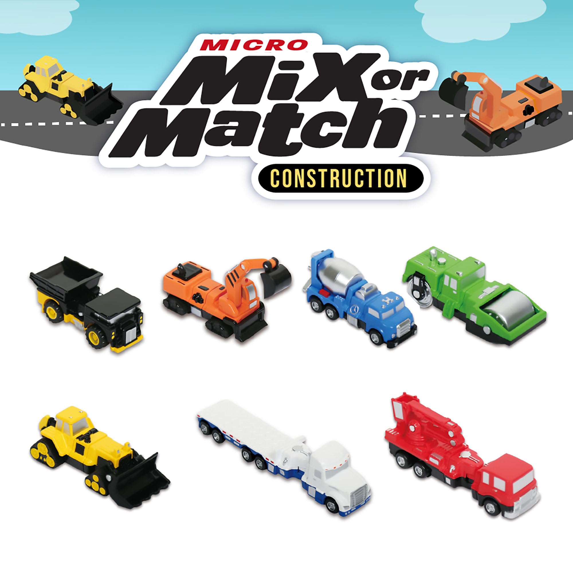 Popular Playthings mixed construction trucks featuring bulldozer and cement mixer for creative building.