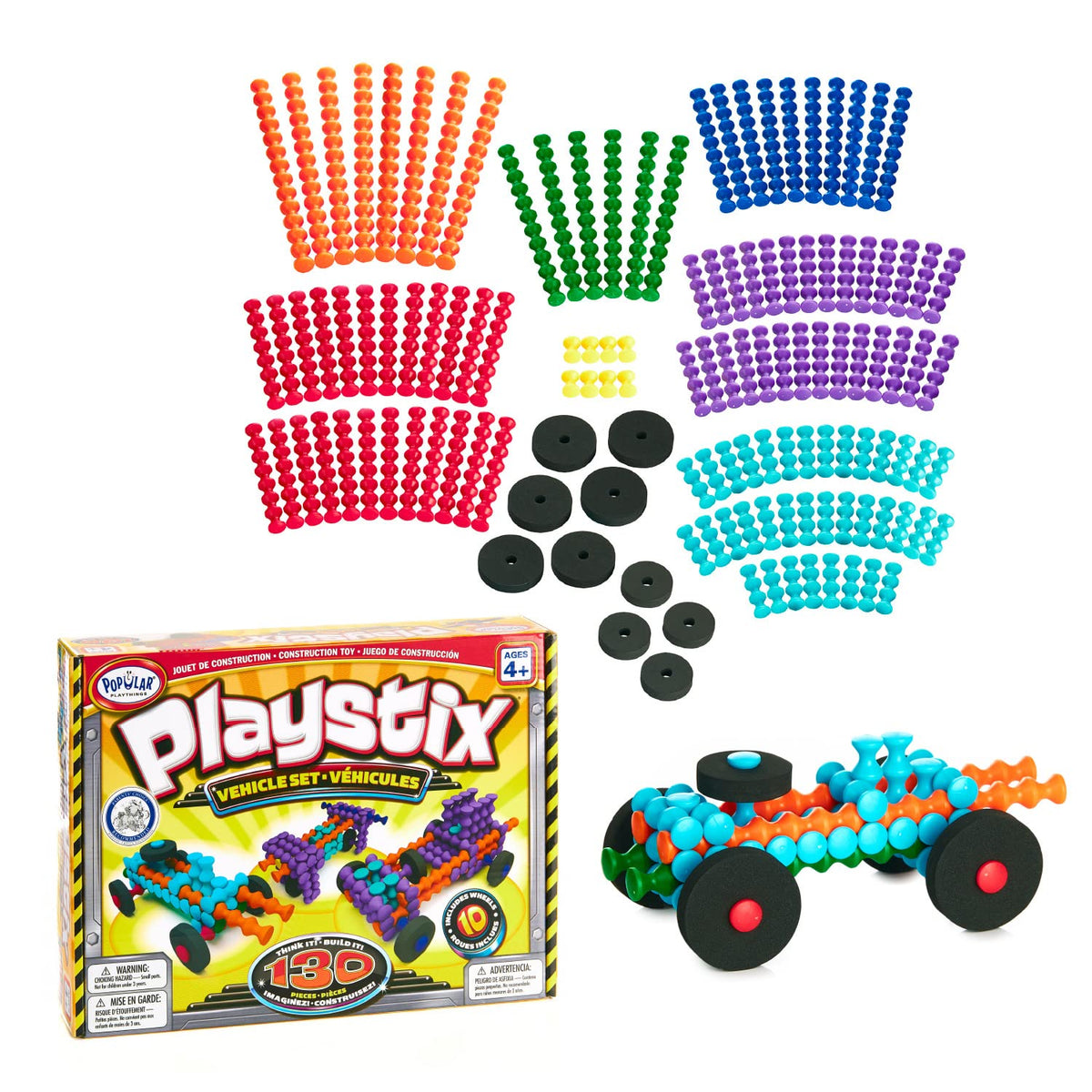 Popular Playthings Playstix Vehicles Set box showing color-coded pieces for easy play