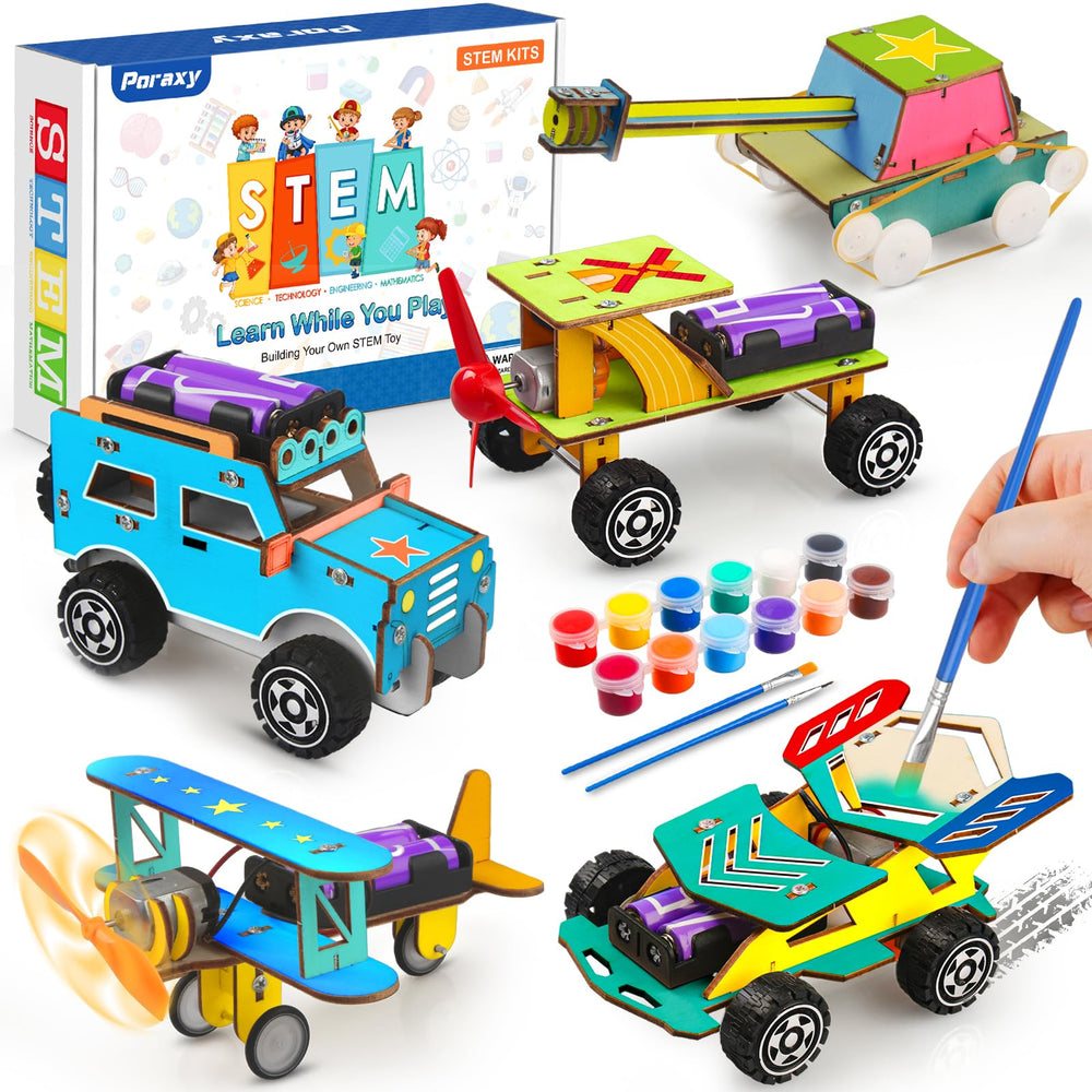 Poraxy STEM kits packaging shows all parts for hands-on car builds.