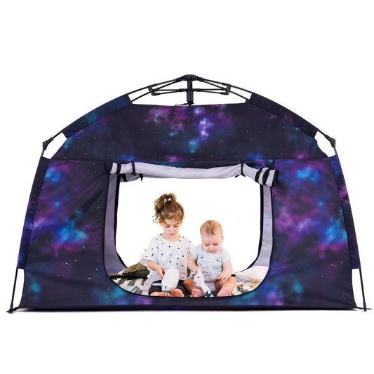 Galaxy tent with three-color LED night light for cozy evenings.