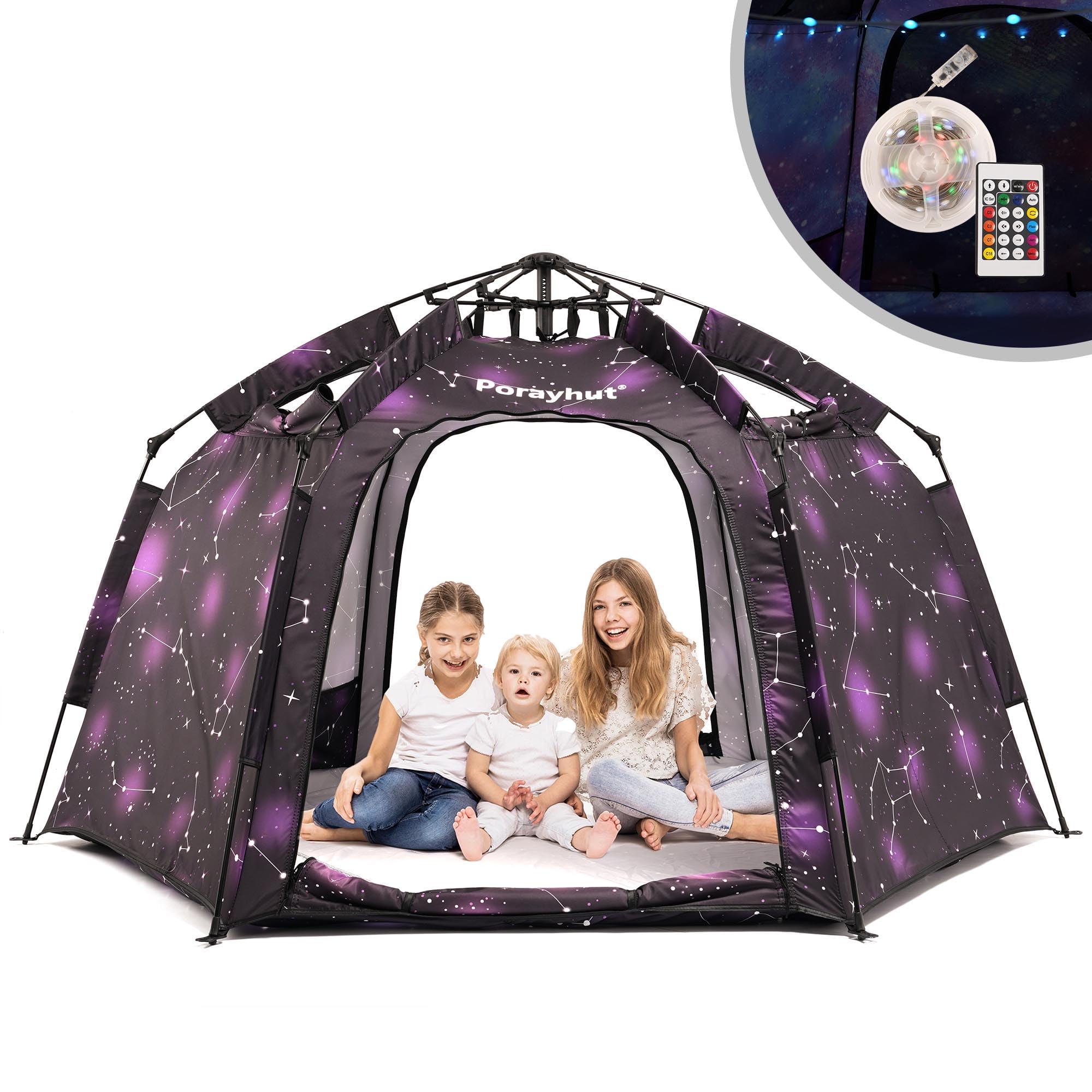 Porayhut hexagon tent with LED lights creates dreamy night space for kids.