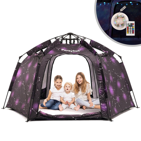 Porayhut hexagon tent with LED lights creates dreamy night space for kids.