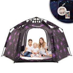 Porayhut hexagon tent with LED lights creates dreamy night space for kids.