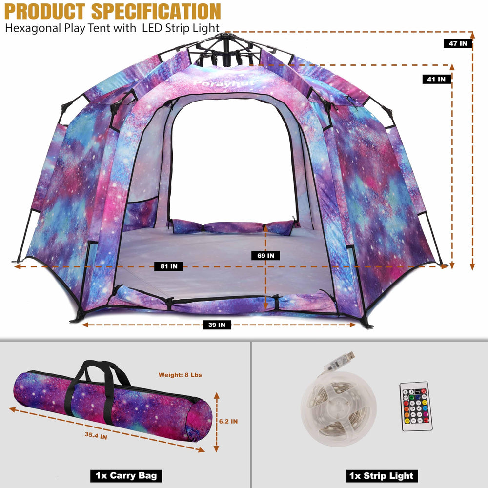 Porayhut large indoor play tent measures 80x69x47 inches for 4–5 children