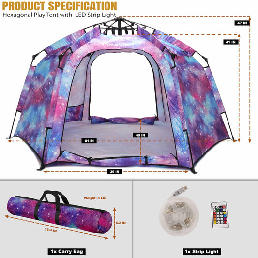 Porayhut large indoor play tent measures 80x69x47 inches for 4–5 children