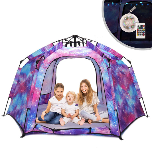 Porayhut portable hexagon tent with LED strip creates bright indoor play space for kids