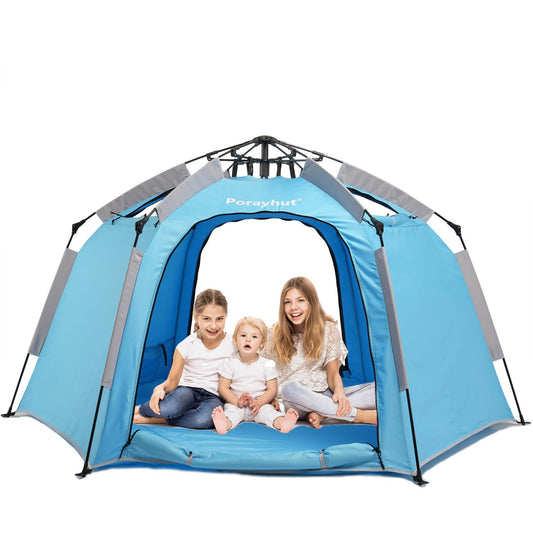 Porayhut portable hexagon tent with LED lights creates a cozy play space.