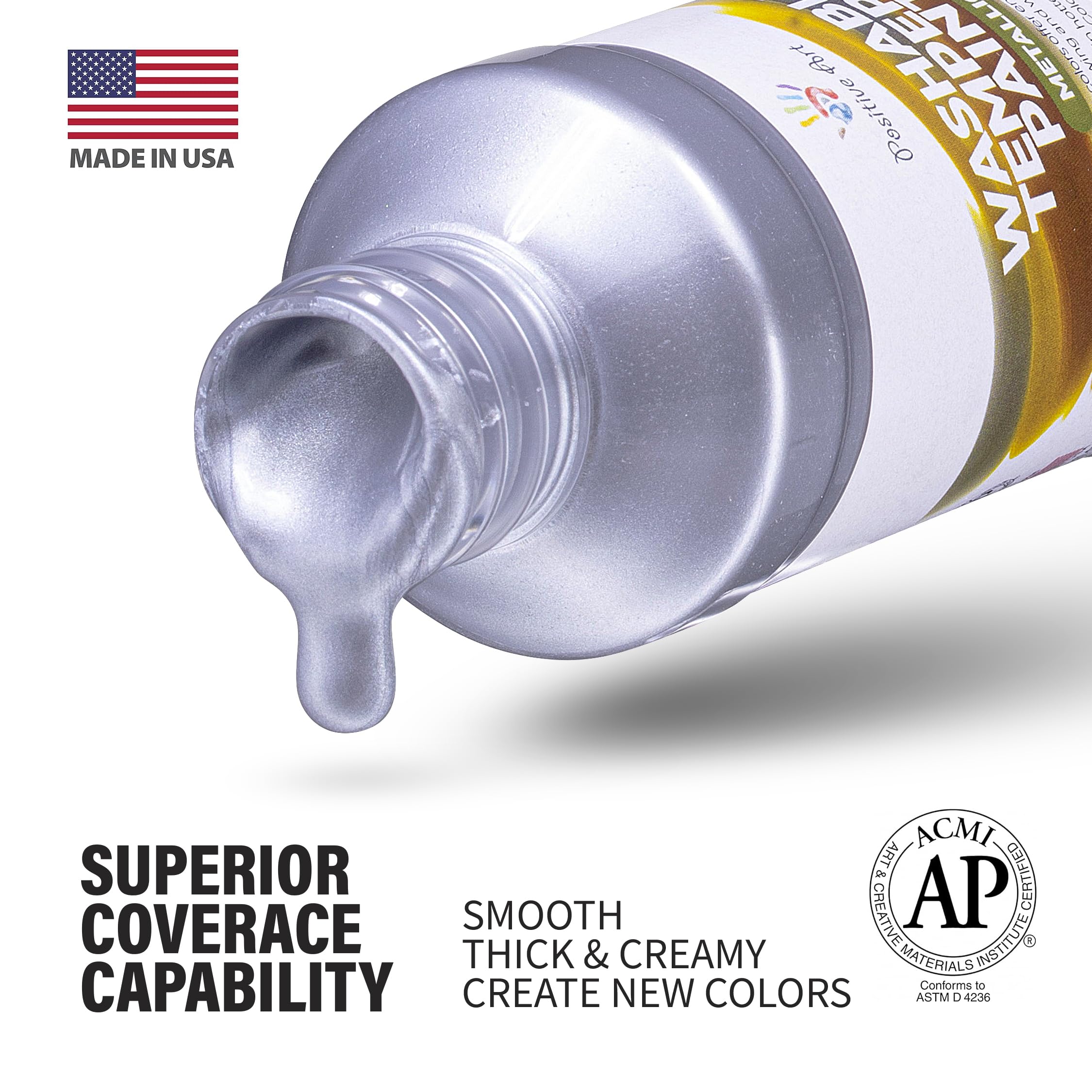 Positive Art Metallic Tempera color 3 bottle enhances borders and accents with metallic glow