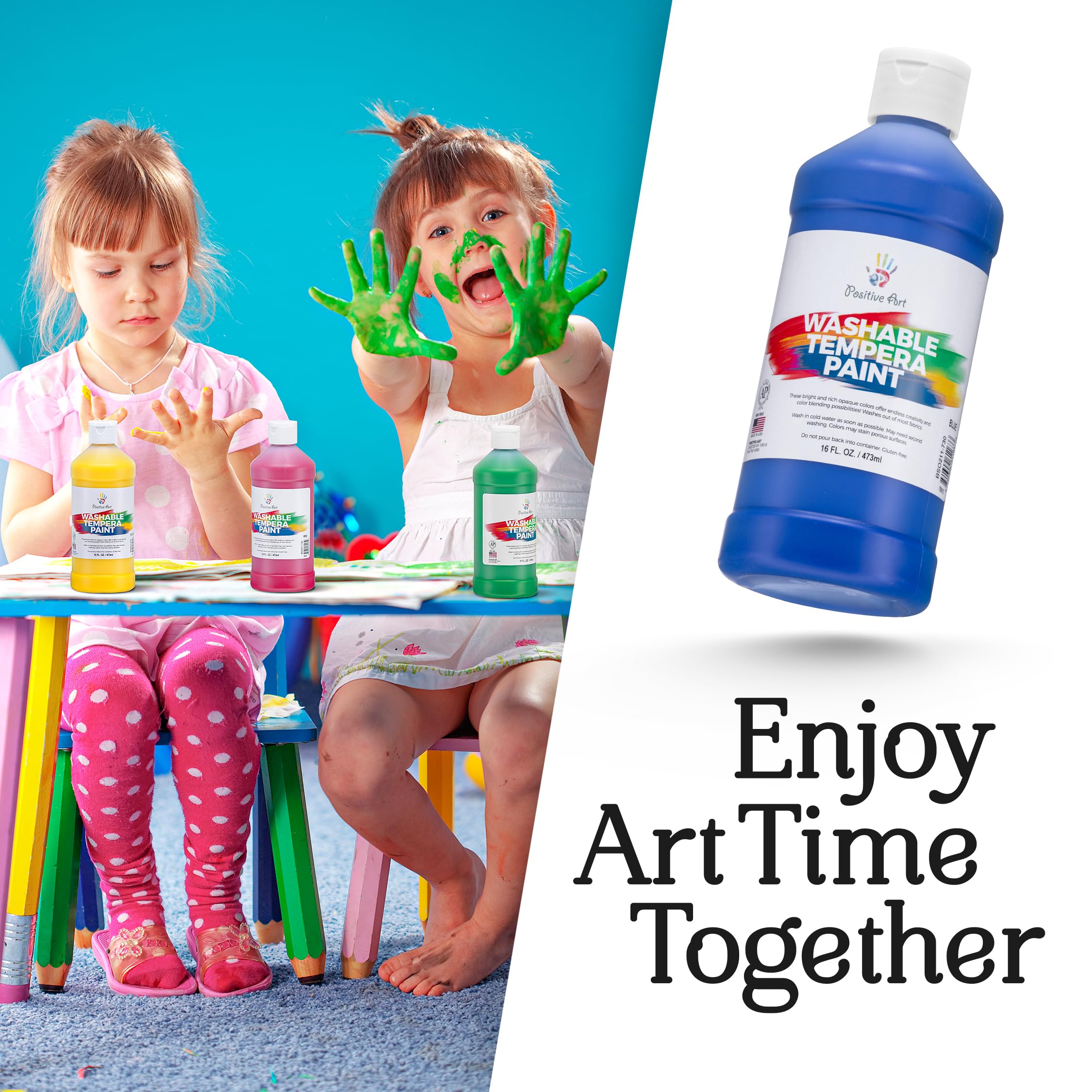 Positive Art non-toxic tempera set made in the USA supports safe kid painting.