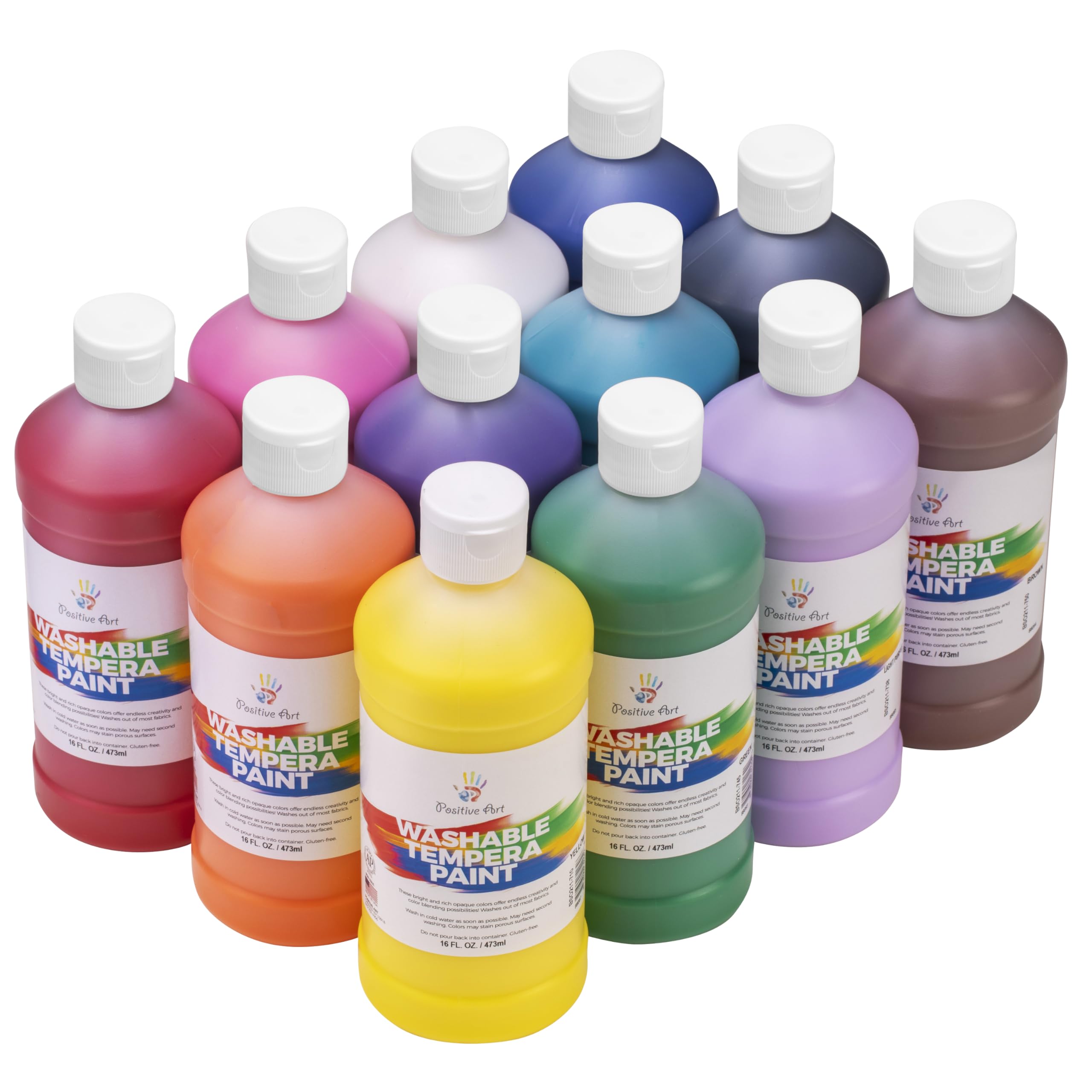 Positive Art washable paint bottles in 12 colors for classroom creativity.