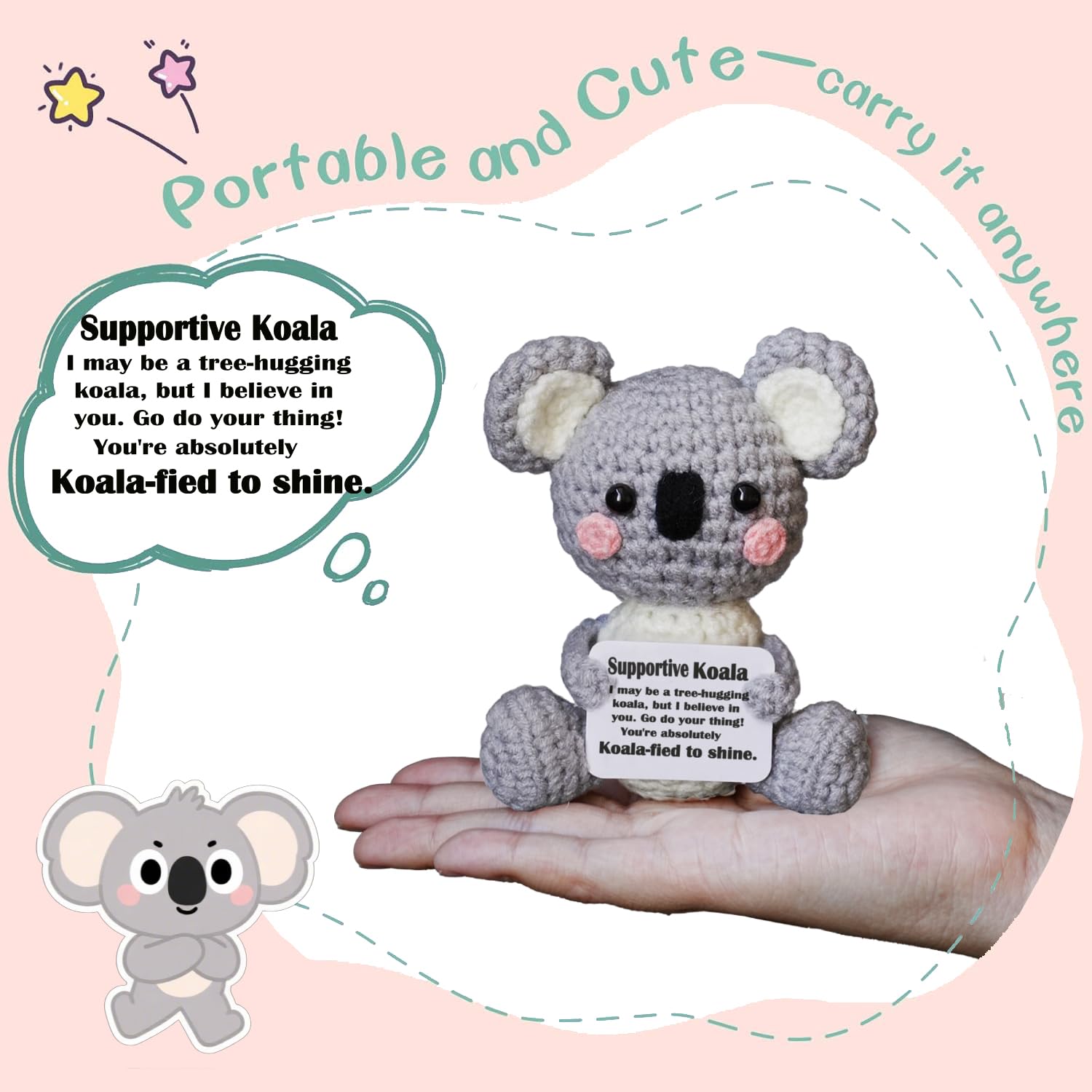 POSSHE Koala Gifts crochet emotional-support koala on a desk for calm moments.