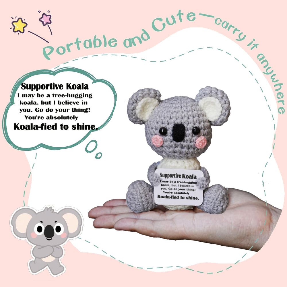POSSHE Koala Gifts crochet emotional-support koala on a desk for calm moments.