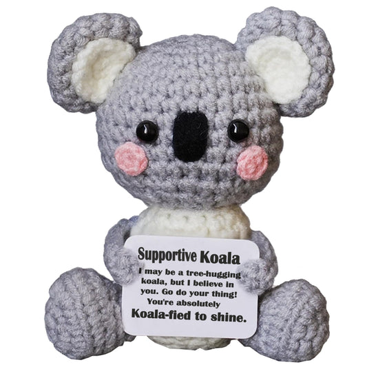 POSSHE Koala Gifts crochet koala closeup highlights soft yarn for comforting hugs.