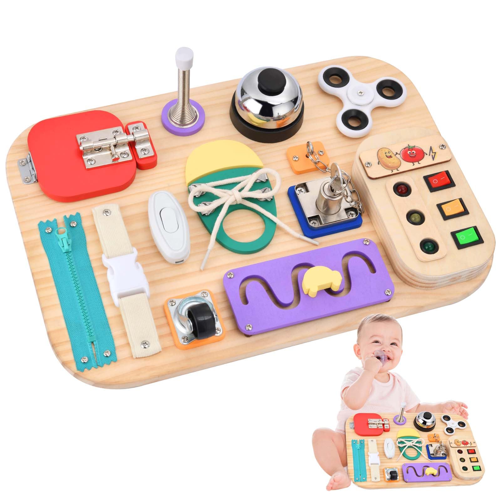 Potatomato Busy Board showing 12 elements for fine motor exploration