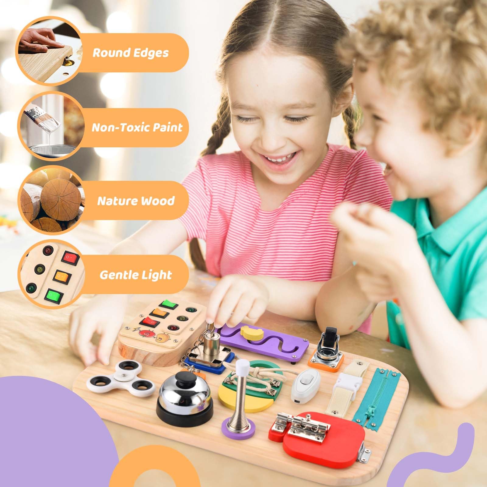 Potatomato Busy Board bright colors close-up highlighting Montessori design