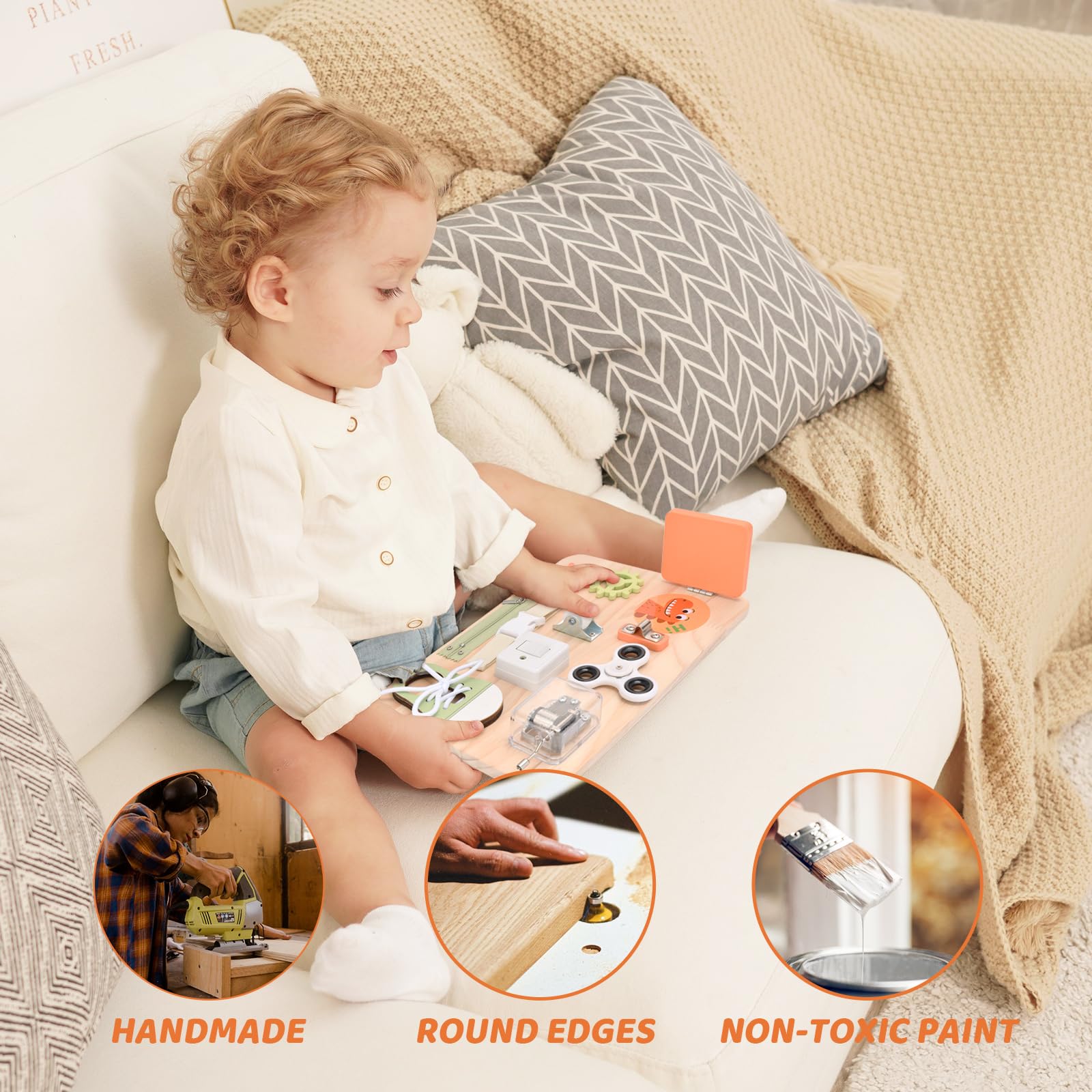 Potatomato Busy Board buttons enhancing dexterity and concentration.