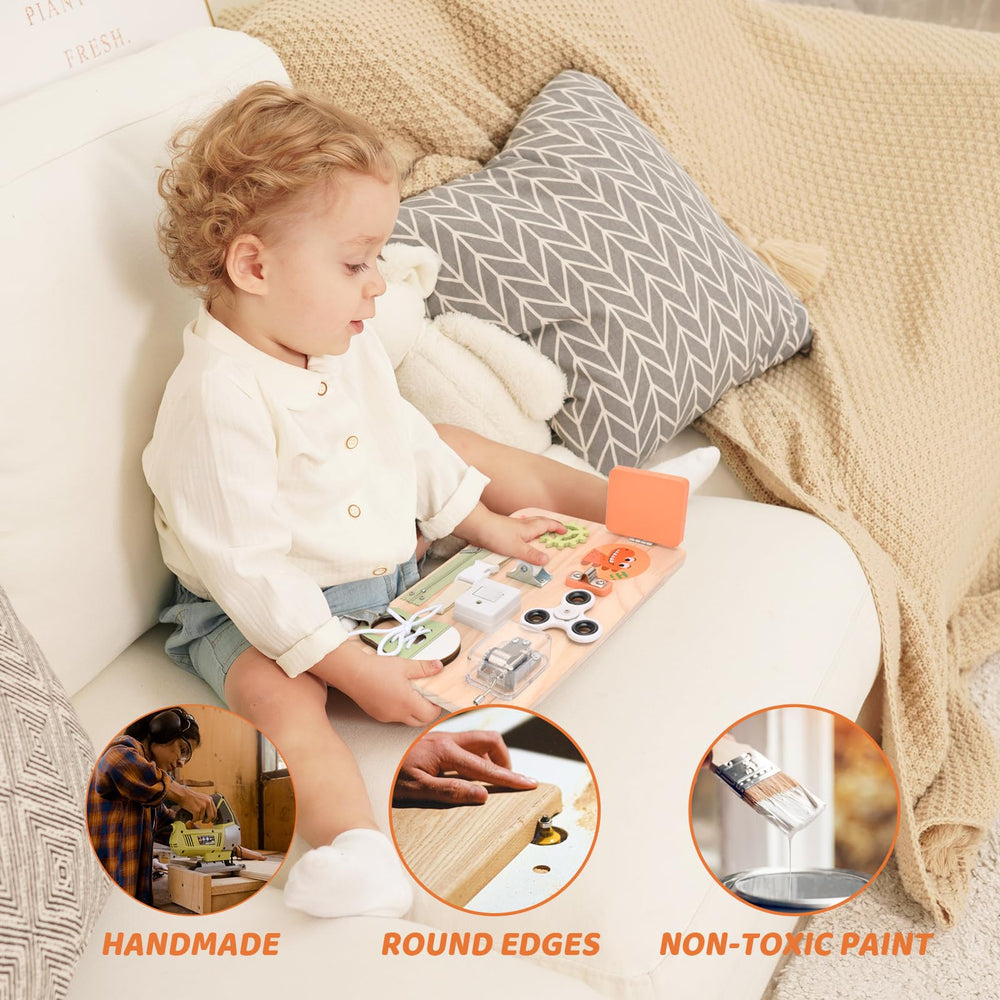 Potatomato Busy Board buttons enhancing dexterity and concentration.