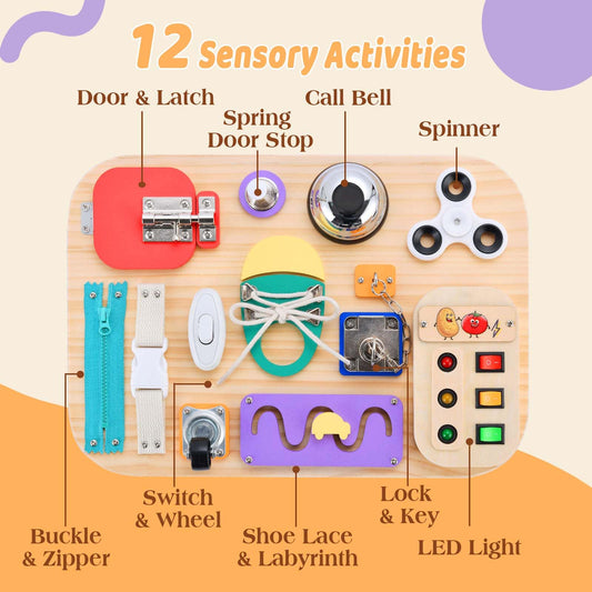 Potatomato Busy Board with latches to boost hand-eye coordination during play