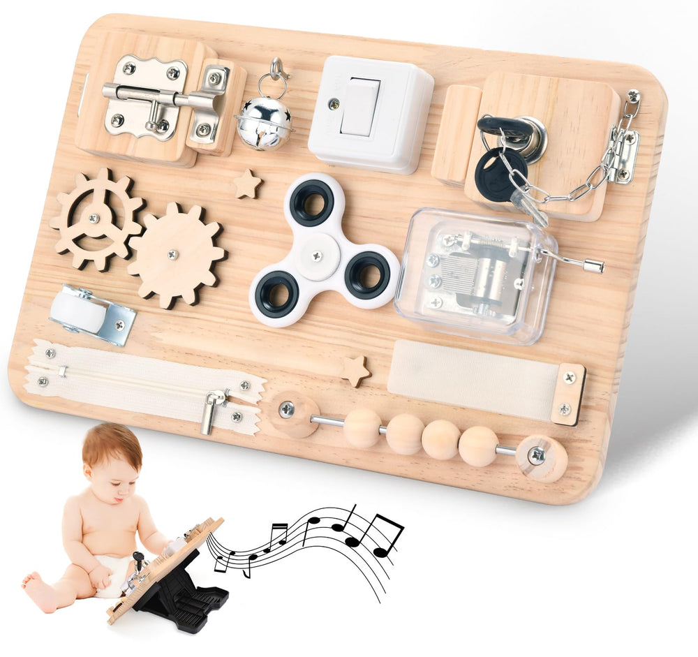 Potatomato Montessori Busy Board with latches enhances fine motor skills during play.