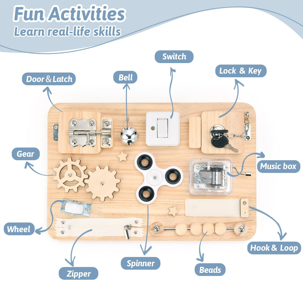 Potatomato Montessori Busy Board switches promote sensory engagement and focus.