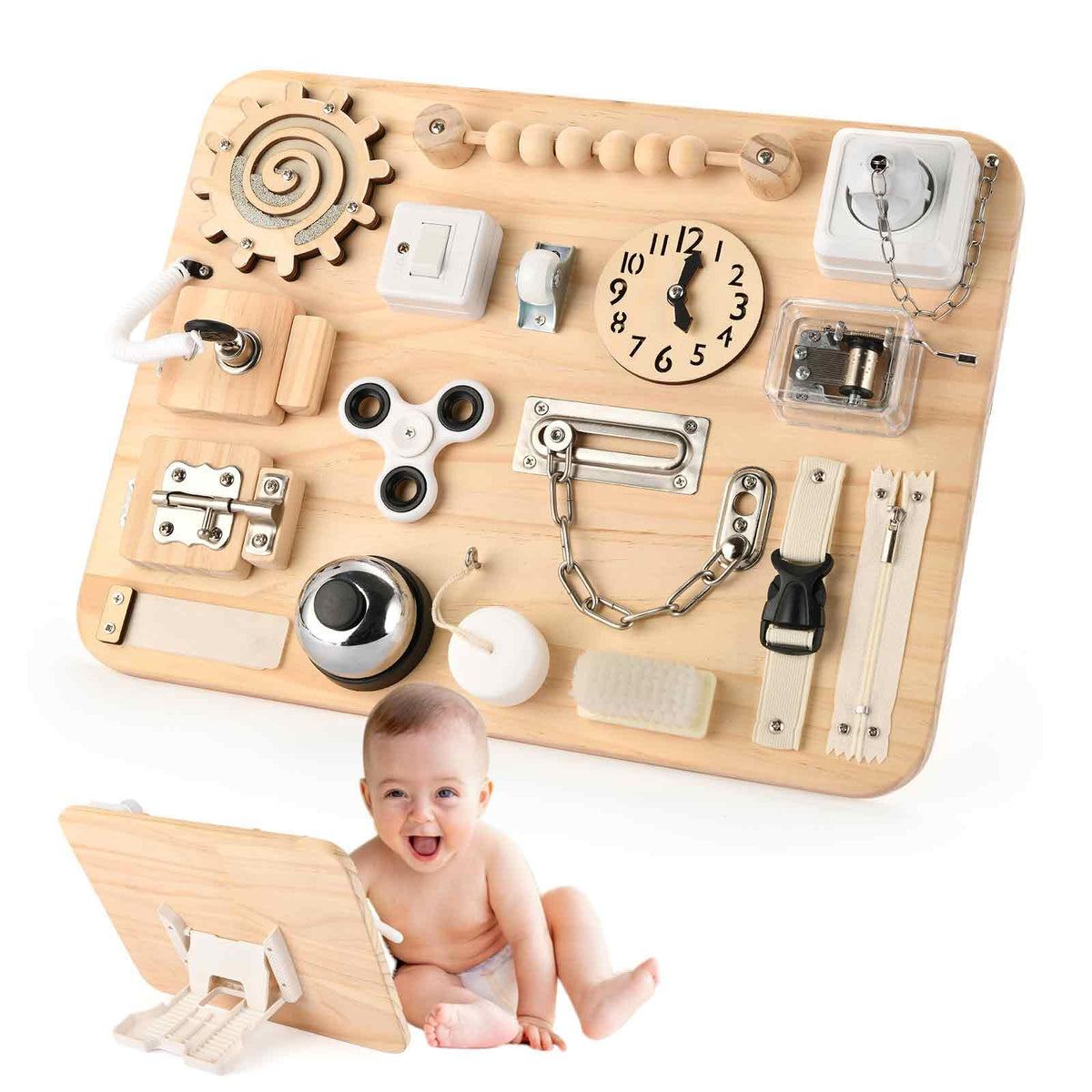 Potatomato Montessori Busy Board: wooden activity for toddlers enhances fine motor skills