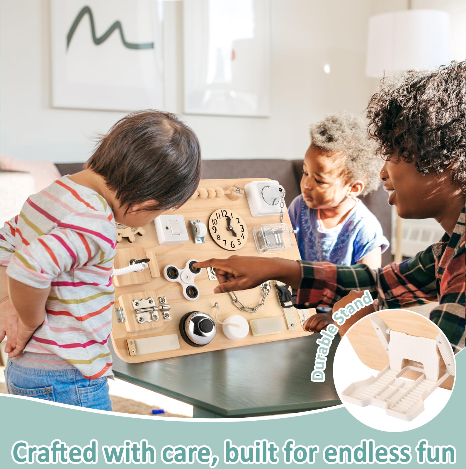 Potatomato sensory busy board offering durable, safe hands-on learning adventures.