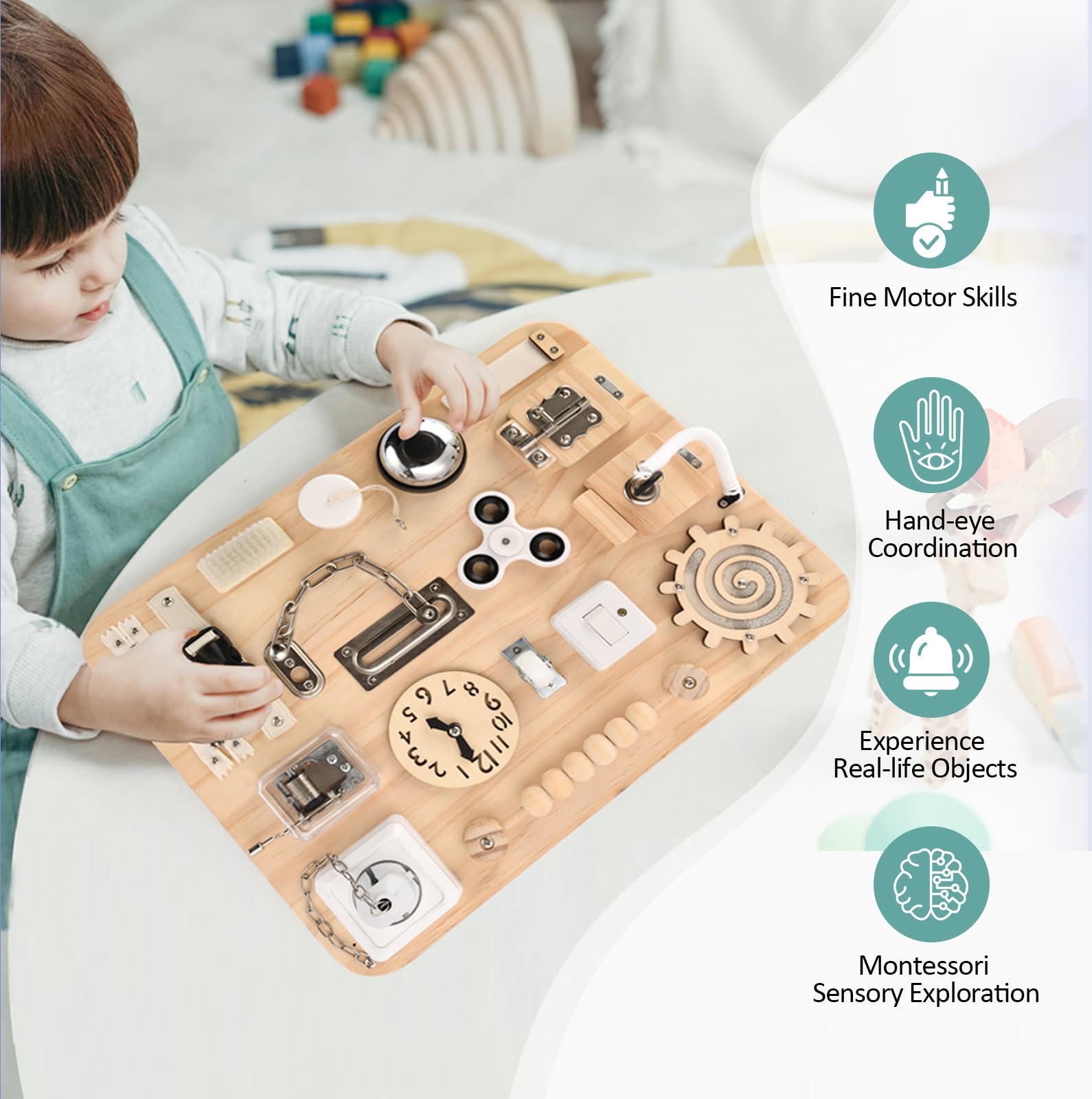 Potatomato busy board spinning features to encourage exploration without screens.