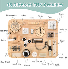 Potatomato busy board switches and latches featuring tactile play and engagement.